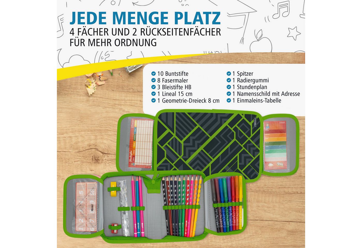 itenga Federmäppchen itenga Schüler-Etui Mäppchen geometrisches Muster 28 teilig (gefüllt)