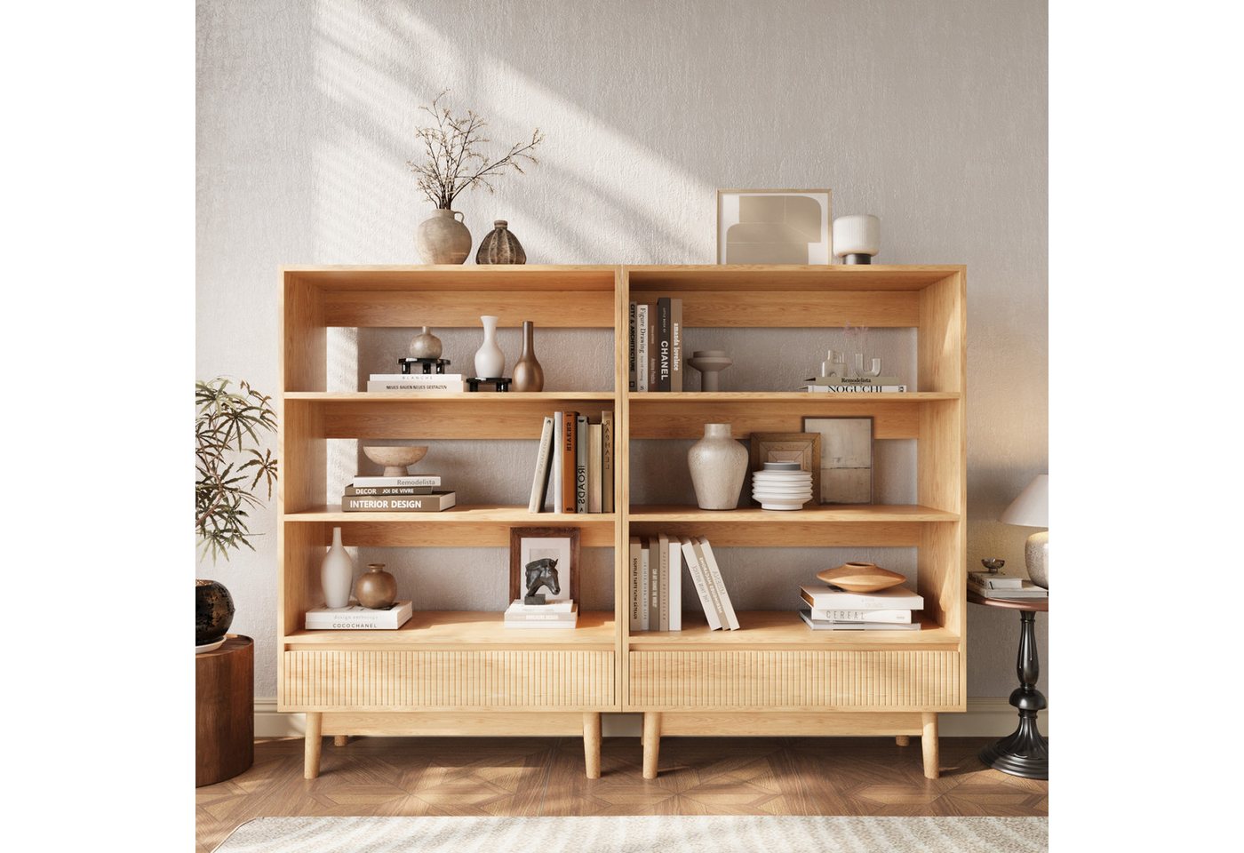 VOWNER Bücherregal mit Schublade, offenes Standregal, modernes Holzregal, 3-tlg., vielseitiges Aufbewahrungsregal, 3 Ebenen, Maße 240x120x30 cm Bild 2