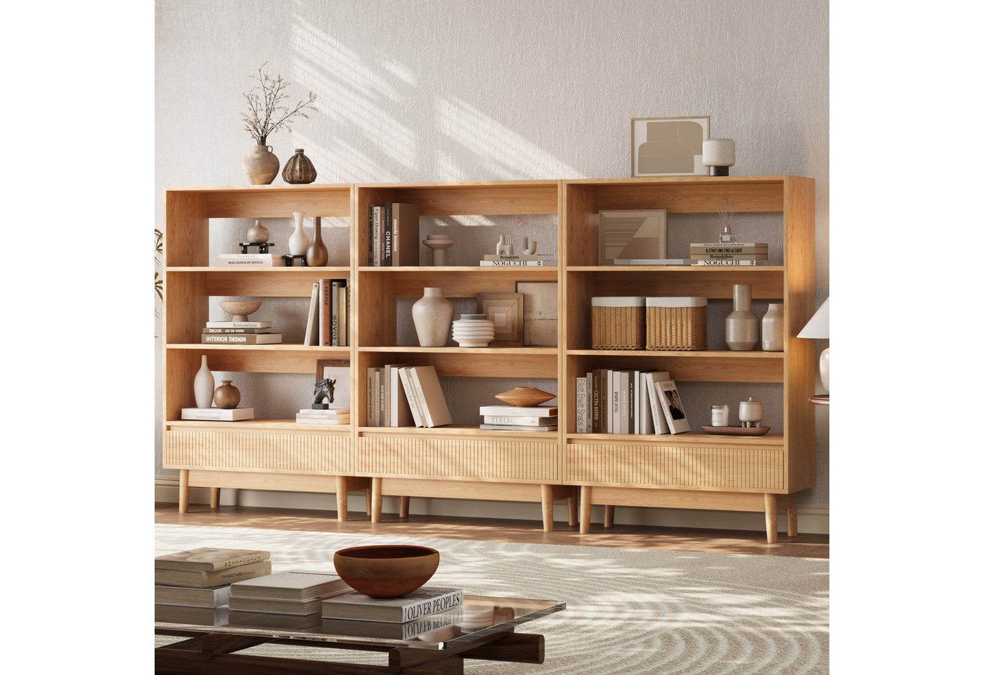 VOWNER Bücherregal mit Schublade, offenes Standregal, modernes Holzregal, 3-tlg., vielseitiges Aufbewahrungsregal, 3 Ebenen, Maße 240x120x30 cm Bild 4