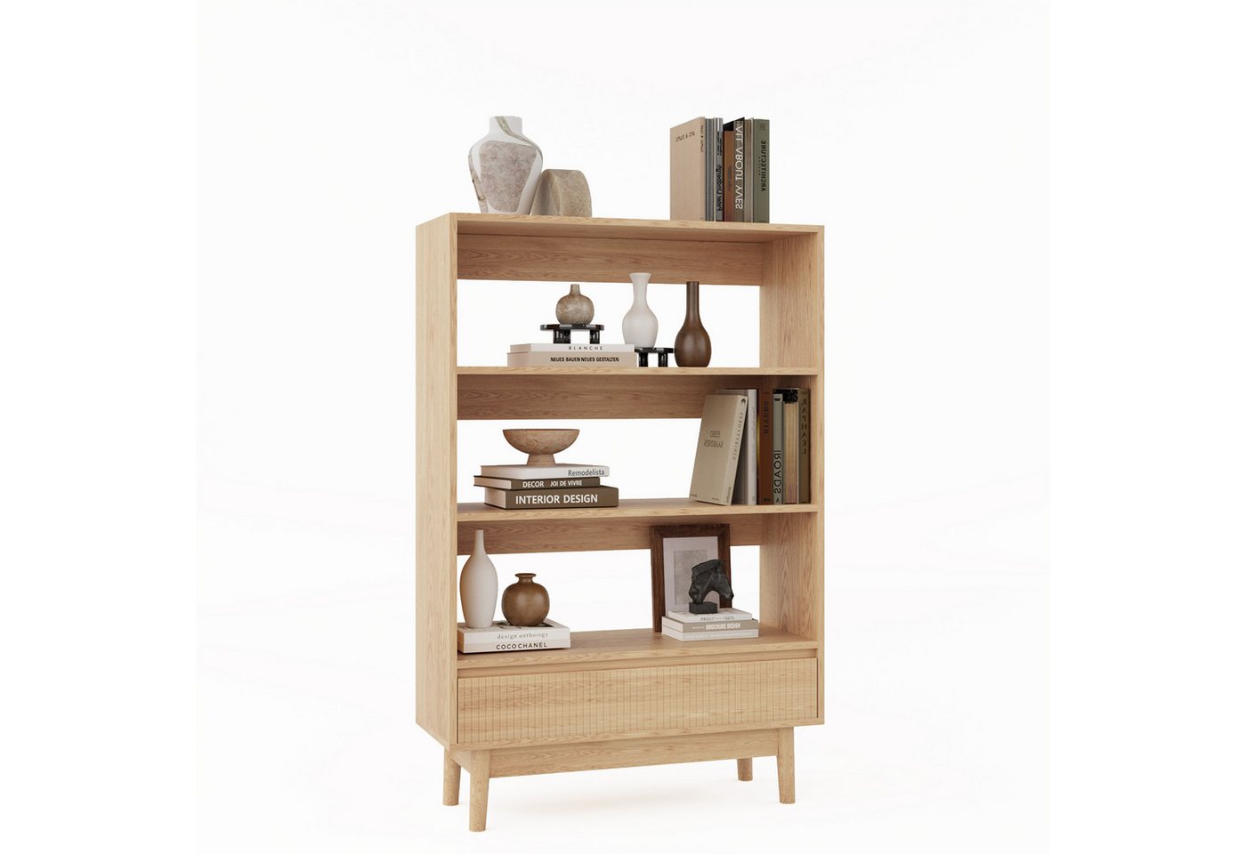 VOWNER Bücherregal mit Schublade, offenes Standregal, modernes Holzregal, 3-tlg., vielseitiges Aufbewahrungsregal, 3 Ebenen, Maße 240x120x30 cm Bild 5