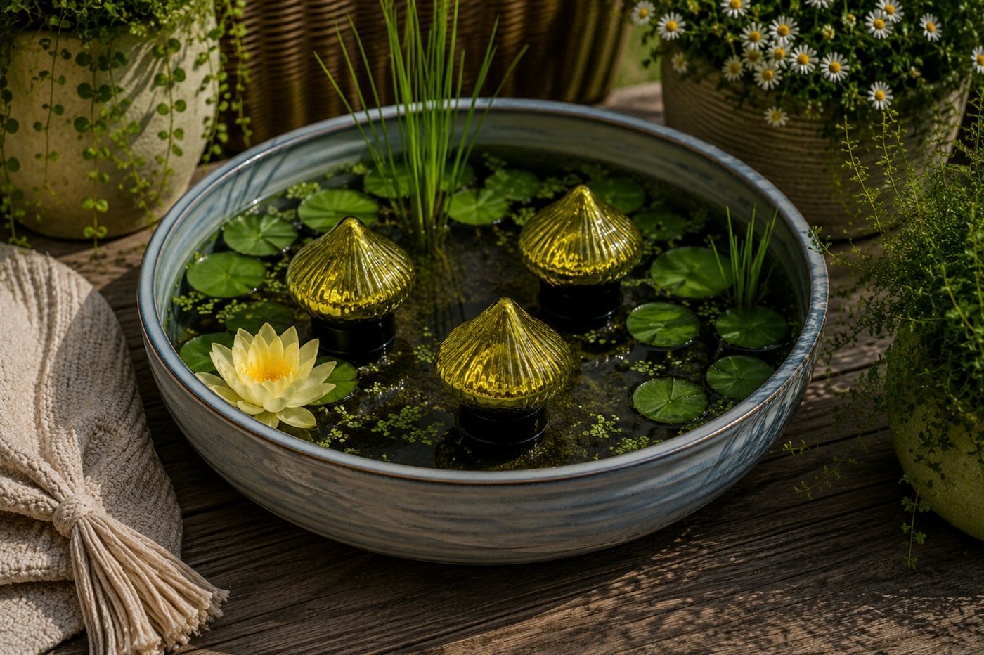 finehomegarden Teichfigur Glas-Schwimmlinse grün 3er Set Schwimmende Teichdekoration Glas, (Set, 3-St., 3 tlg), Ø6,5cm Dekokugeln für Miniteich Wasserschale Gartenteich und Terrasse
