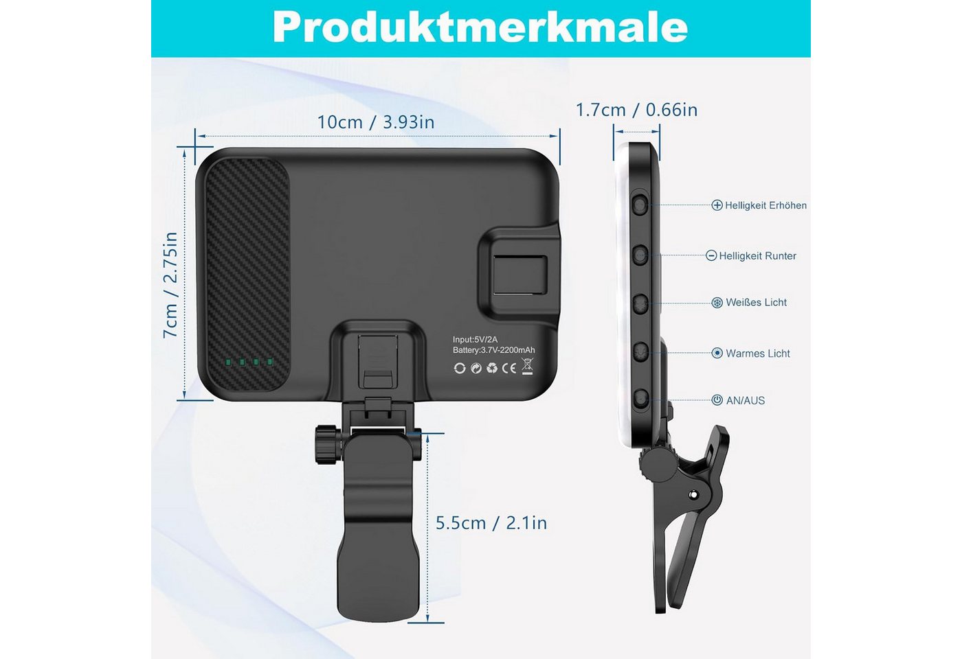 FELIXLEO Videoleuchte Selfie Licht 60 LED Fuelllicht Tragbares Clip On Licht fuer Handy