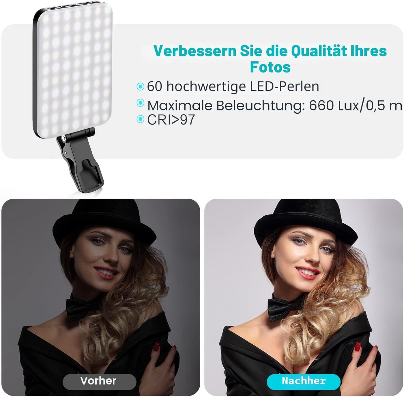 FELIXLEO Videoleuchte Selfie Licht 60 LED Fuelllicht Tragbares Clip On Licht fuer Handy Bild 2