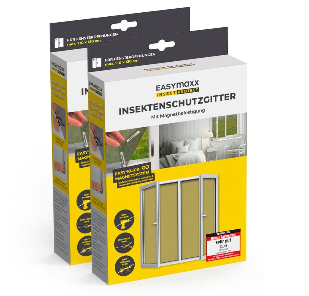 EASYmaxx Insektenschutz-Fensterrahmen Insektenschutzgitter 110 x 130 cm mit Magnetbefestigung, 2er Set, (2-St), Schutz gegen Mücken, Fliegen, Wespen etc. magnetisch leicht anbringbar