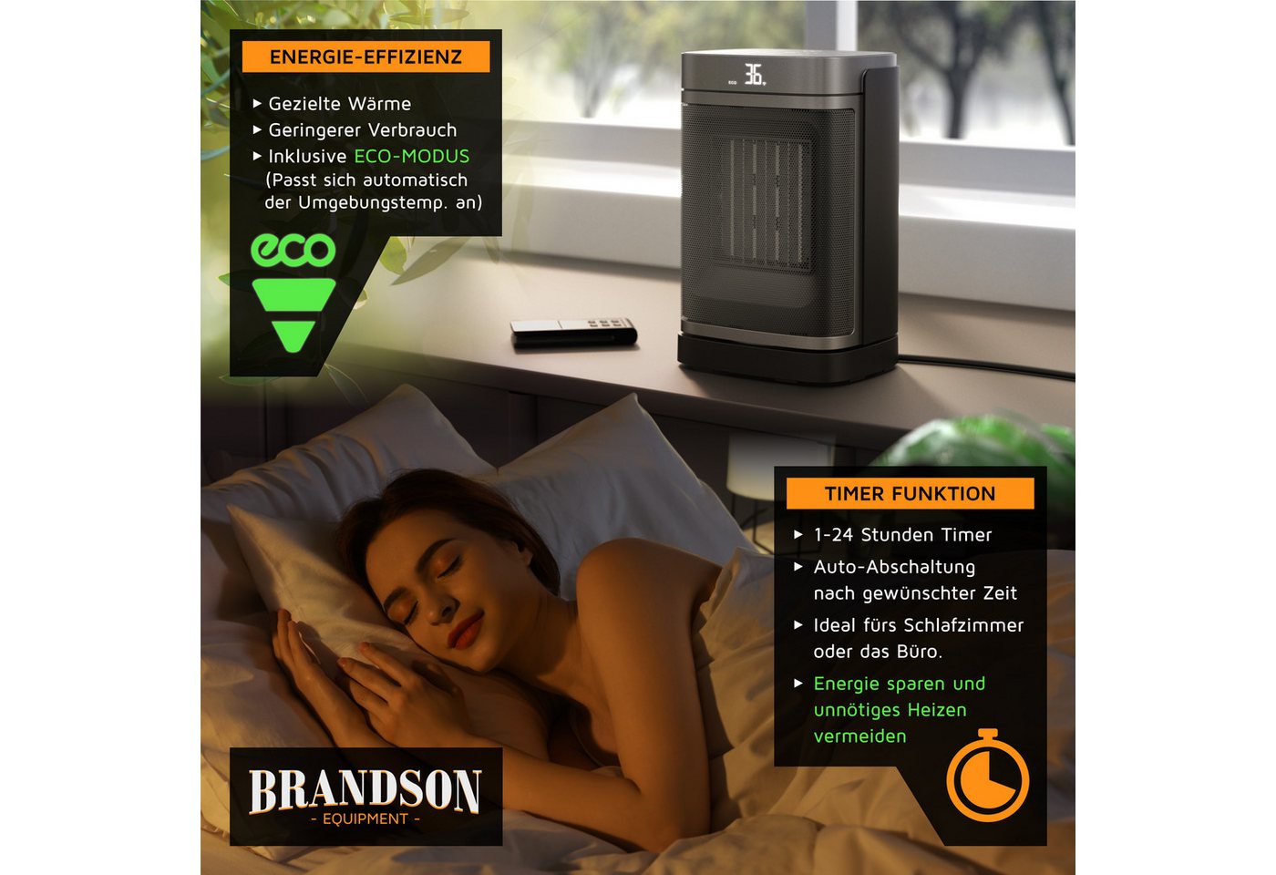 Brandson Heizlüfter Keramik Heizgerät, Oszillation, Timer, Fernbedienung, kompakt, 1500 W, energiesparend, Preisträger 2025, Thermostat, Überhitzungsschutz