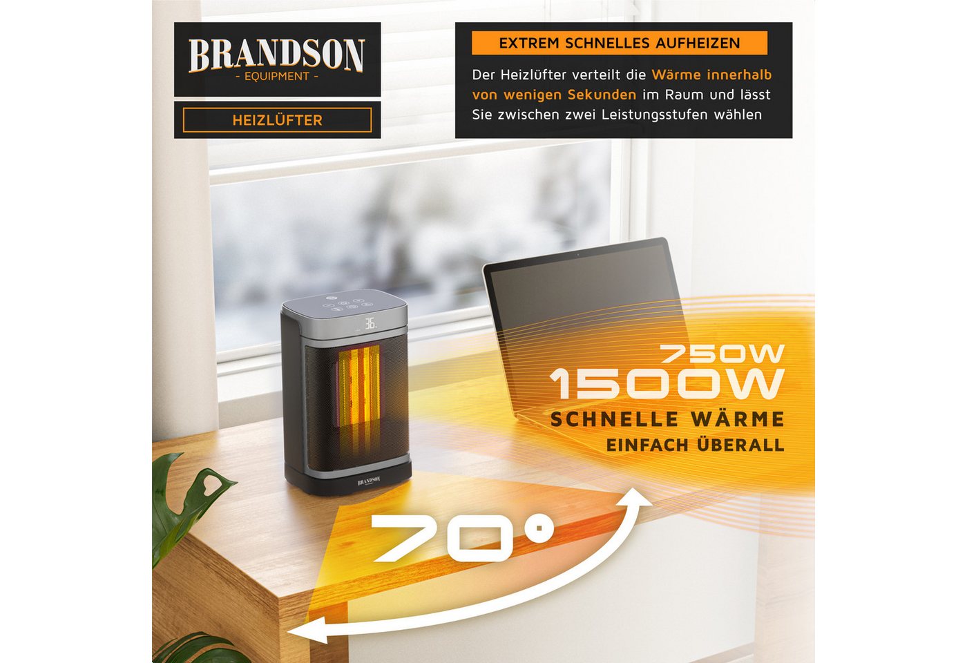 Brandson Heizlüfter Keramik Heizgerät, Oszillation, Timer, Fernbedienung, kompakt, 1500 W, energiesparend, Preisträger 2025, Thermostat, Überhitzungsschutz Bild 2