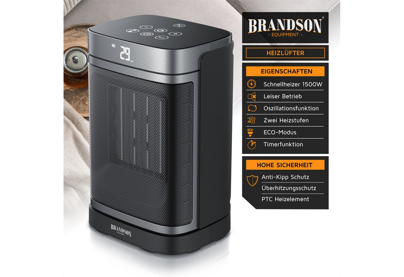 Brandson Heizlüfter Keramik Heizgerät, Oszillation, Timer, Fernbedienung, kompakt, 1500 W, energiesparend, Preisträger 2025, Thermostat, Überhitzungsschutz Bild 5