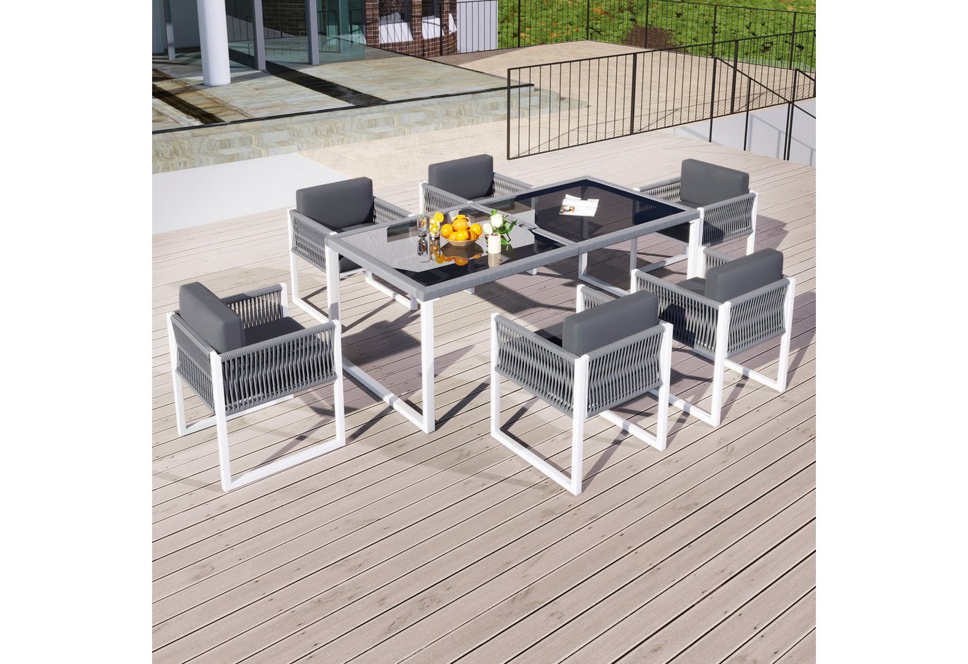 Celya Gartenlounge-Set Gartenmöbel, 6-Personen-Garten-Essgruppe mit Sesseln, Essgruppe, abnehmbarer und waschbarer Stoffbezug