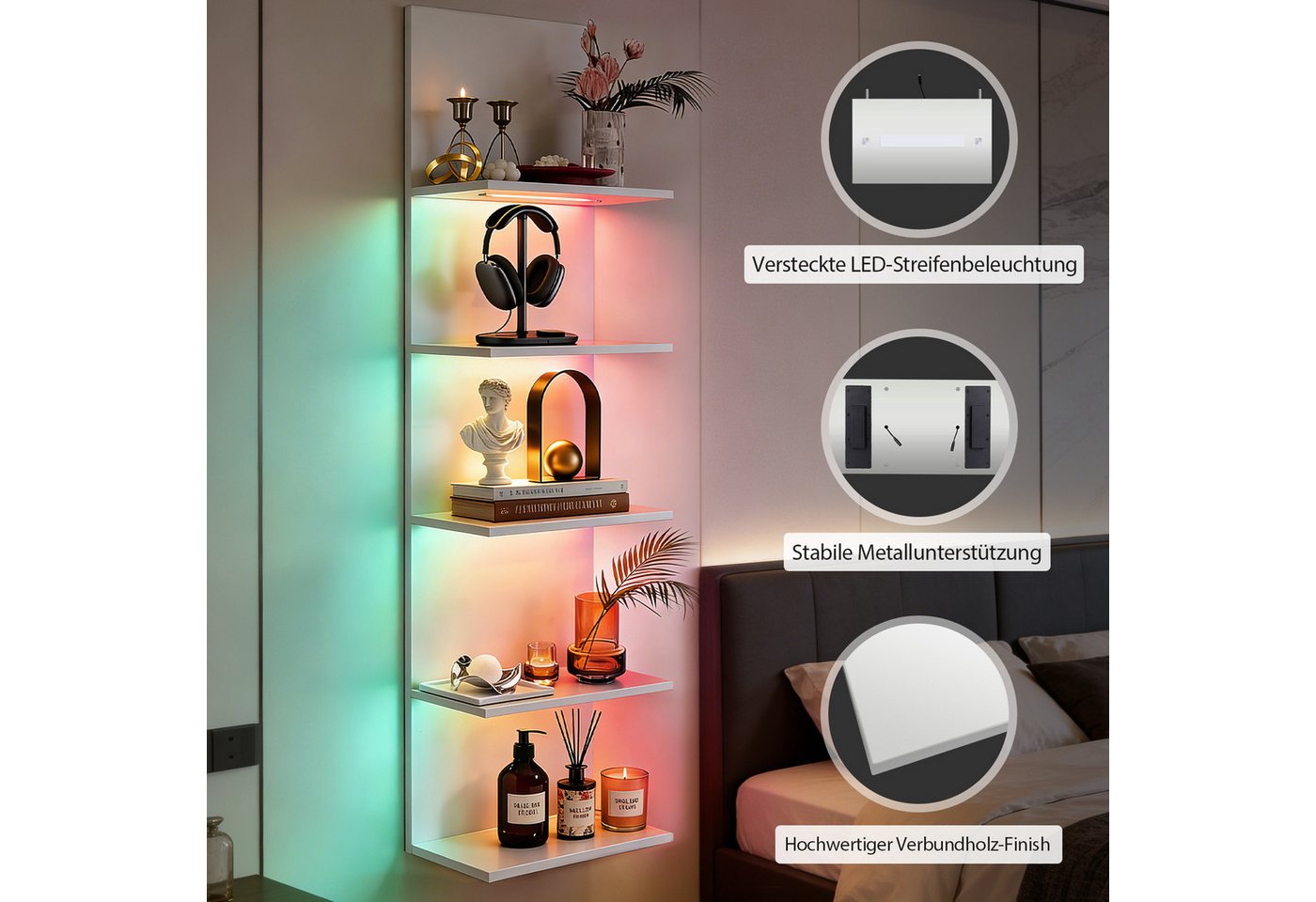 XIIW Wandregal RGB+IC Beleuchtung Holz Schweberegal 5Ebenen Pflanzenregal Bücherregal, + Fernbedienung für Schlafzimmer Wohnzimmer
