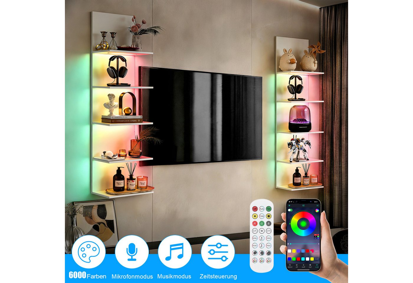 XIIW Wandregal RGB+IC Beleuchtung Holz Schweberegal 5Ebenen Pflanzenregal Bücherregal, + Fernbedienung für Schlafzimmer Wohnzimmer Bild 2