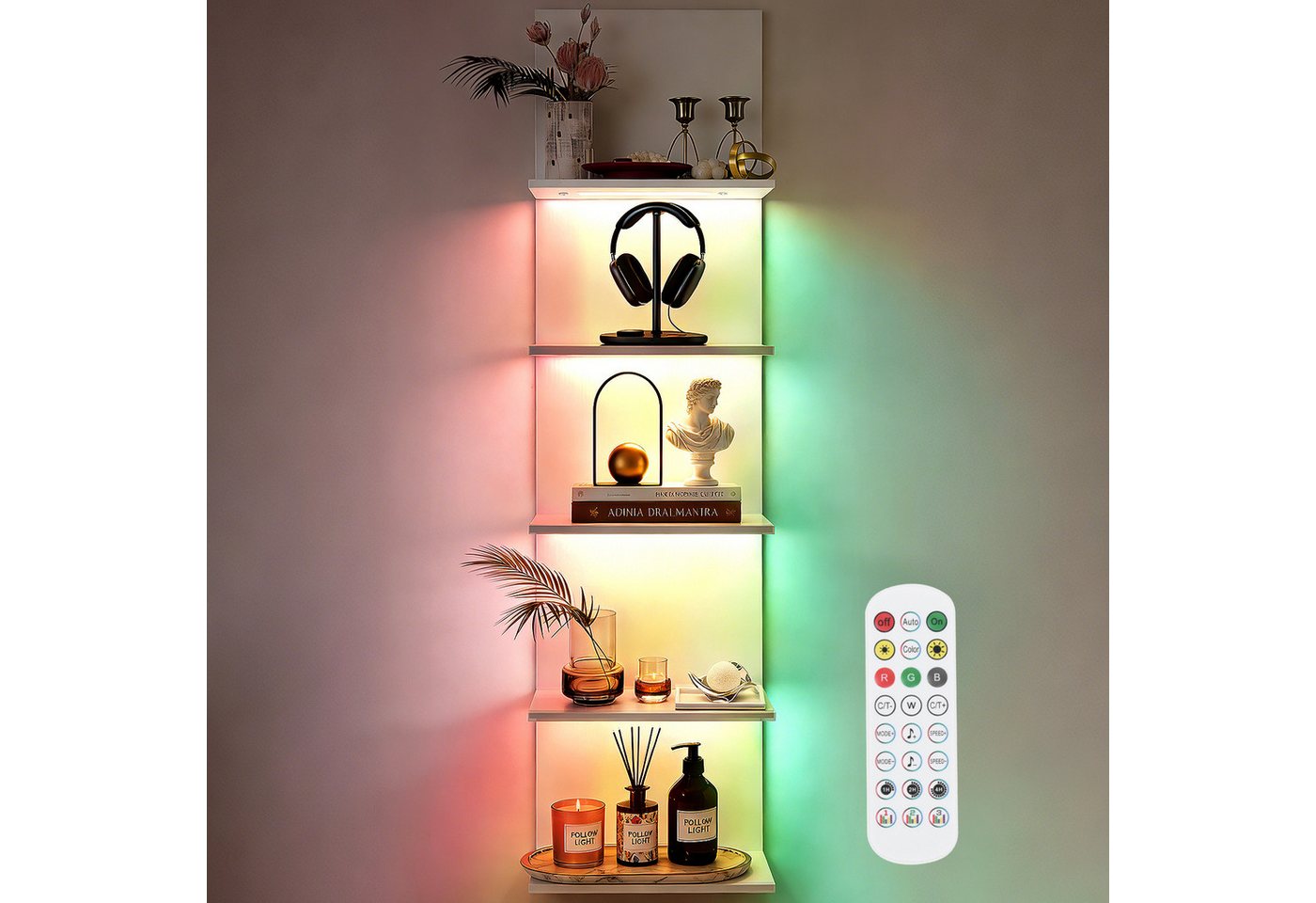 XIIW Wandregal RGB+IC Beleuchtung Holz Schweberegal 5Ebenen Pflanzenregal Bücherregal, + Fernbedienung für Schlafzimmer Wohnzimmer Bild 4