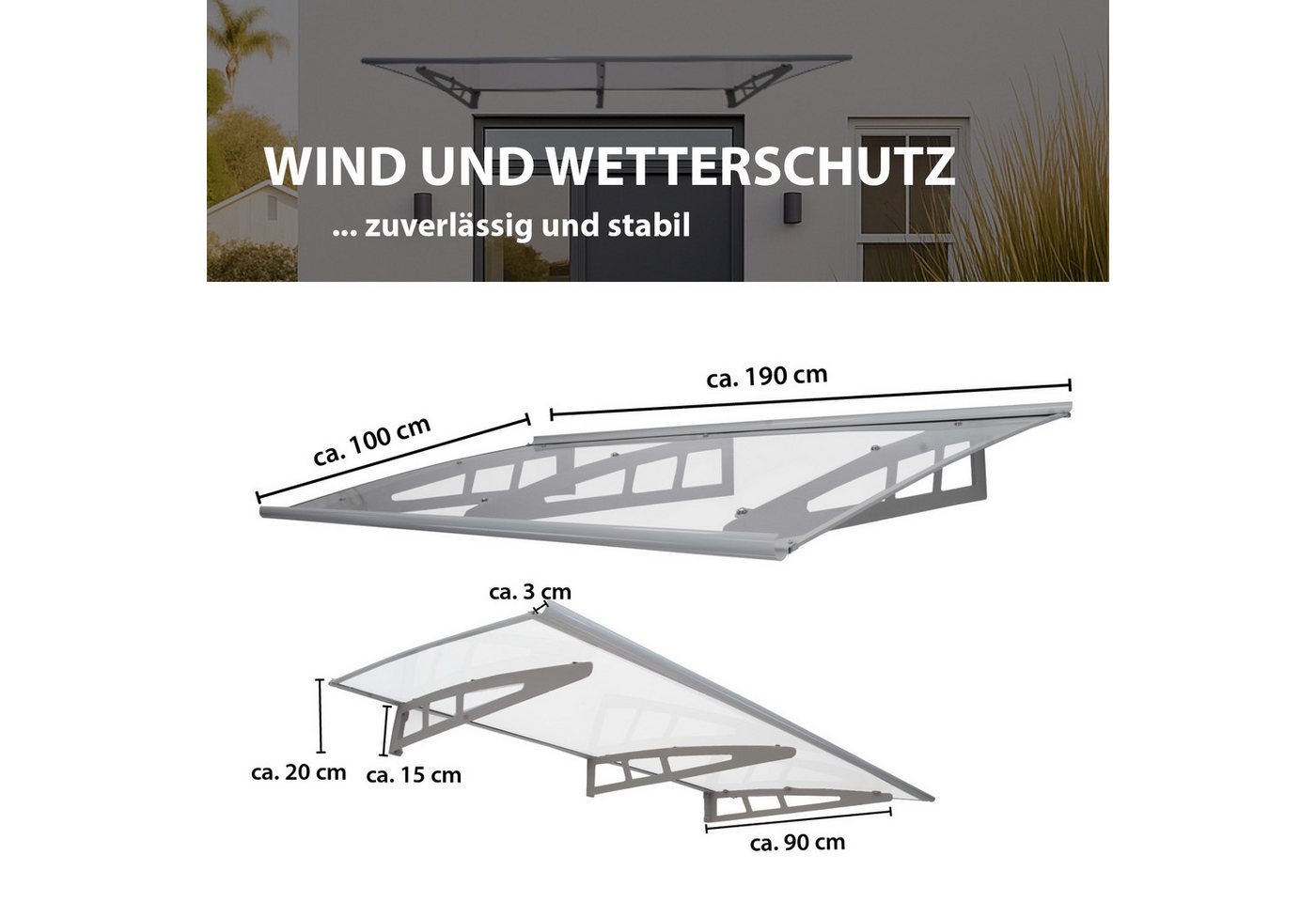 TRUTZHOLM Vordach 190x100cm Aluminium Türdach Haustürvordach Pultvordach Überdachung (1 St) Bild 5