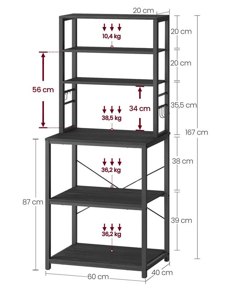 VASAGLE Standregal Küchenregal Standregal, 6 Ablagen, 40 x 60 x 167 cm, Industrie-Design, stehend, Stahlrahmen Bild 5