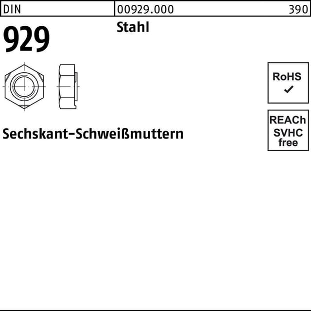 Sechskant-Schweißmuttern, DIN 929 Stahl blank M 5