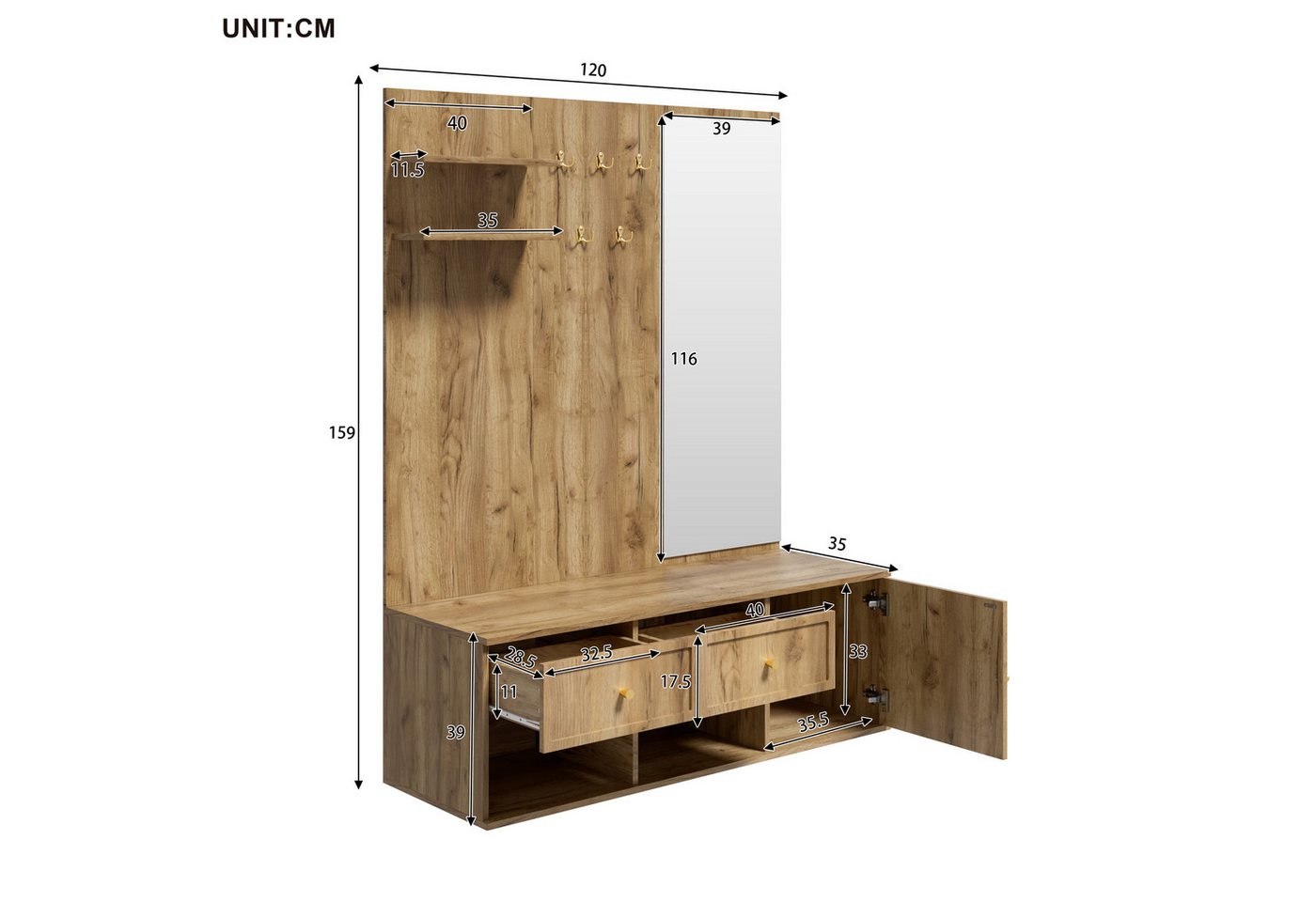 i@home Wandgarderobe Garderobenset für den Flur, Wandgarderobe mit Schublade, inklusive Spiegel und Schuhbank, Holzoptik, 120 × 35 × 159 cm