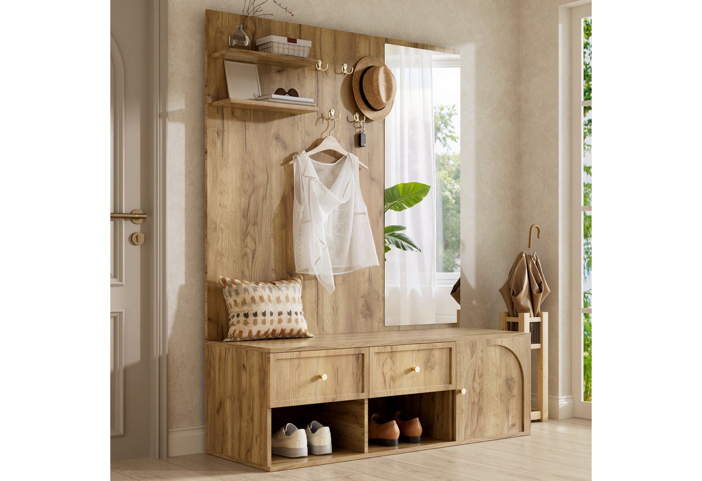 i@home Wandgarderobe Garderobenset für den Flur, Wandgarderobe mit Schublade, inklusive Spiegel und Schuhbank, Holzoptik, 120 × 35 × 159 cm Bild 2
