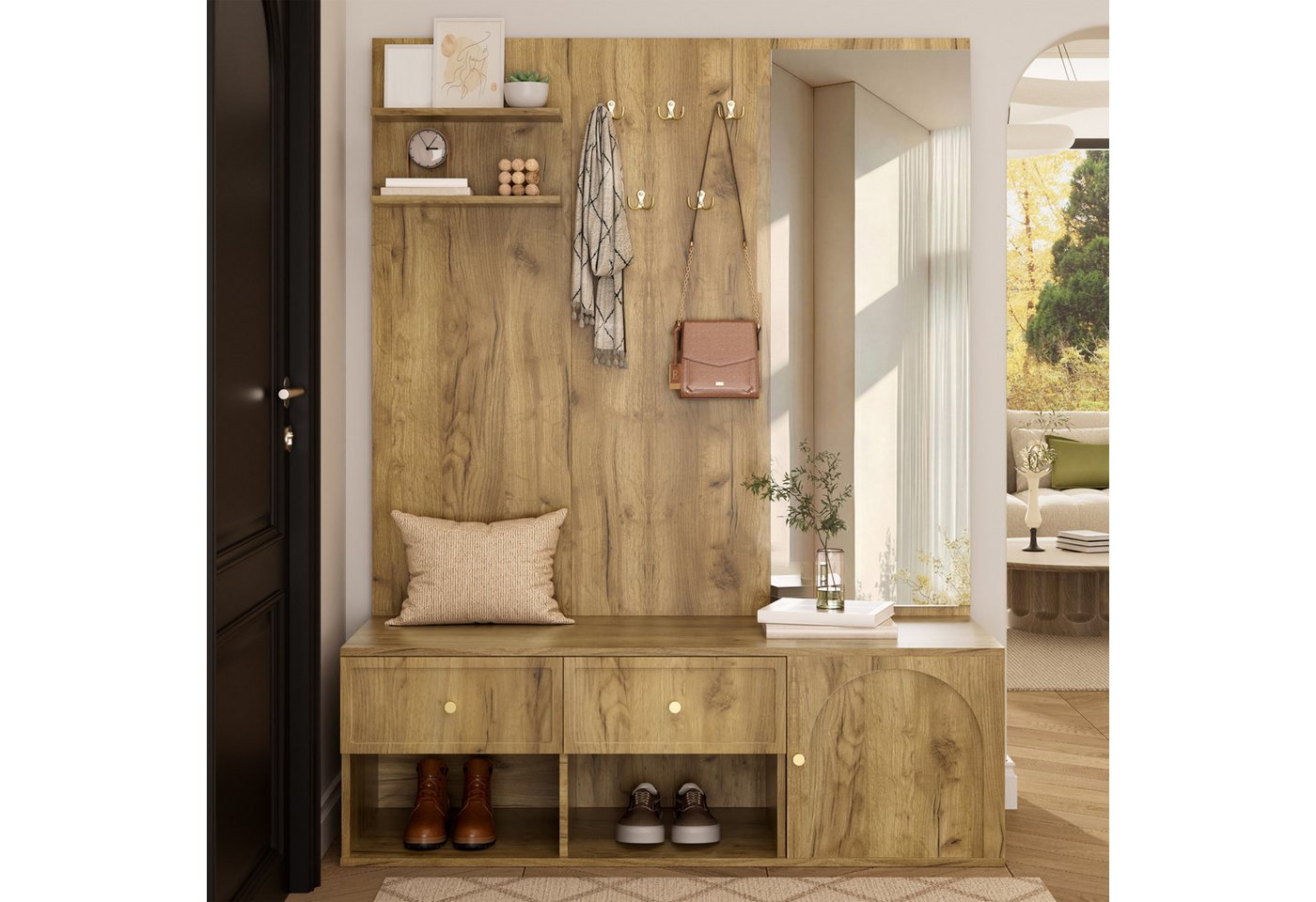 i@home Wandgarderobe Garderobenset für den Flur, Wandgarderobe mit Schublade, inklusive Spiegel und Schuhbank, Holzoptik, 120 × 35 × 159 cm Bild 3