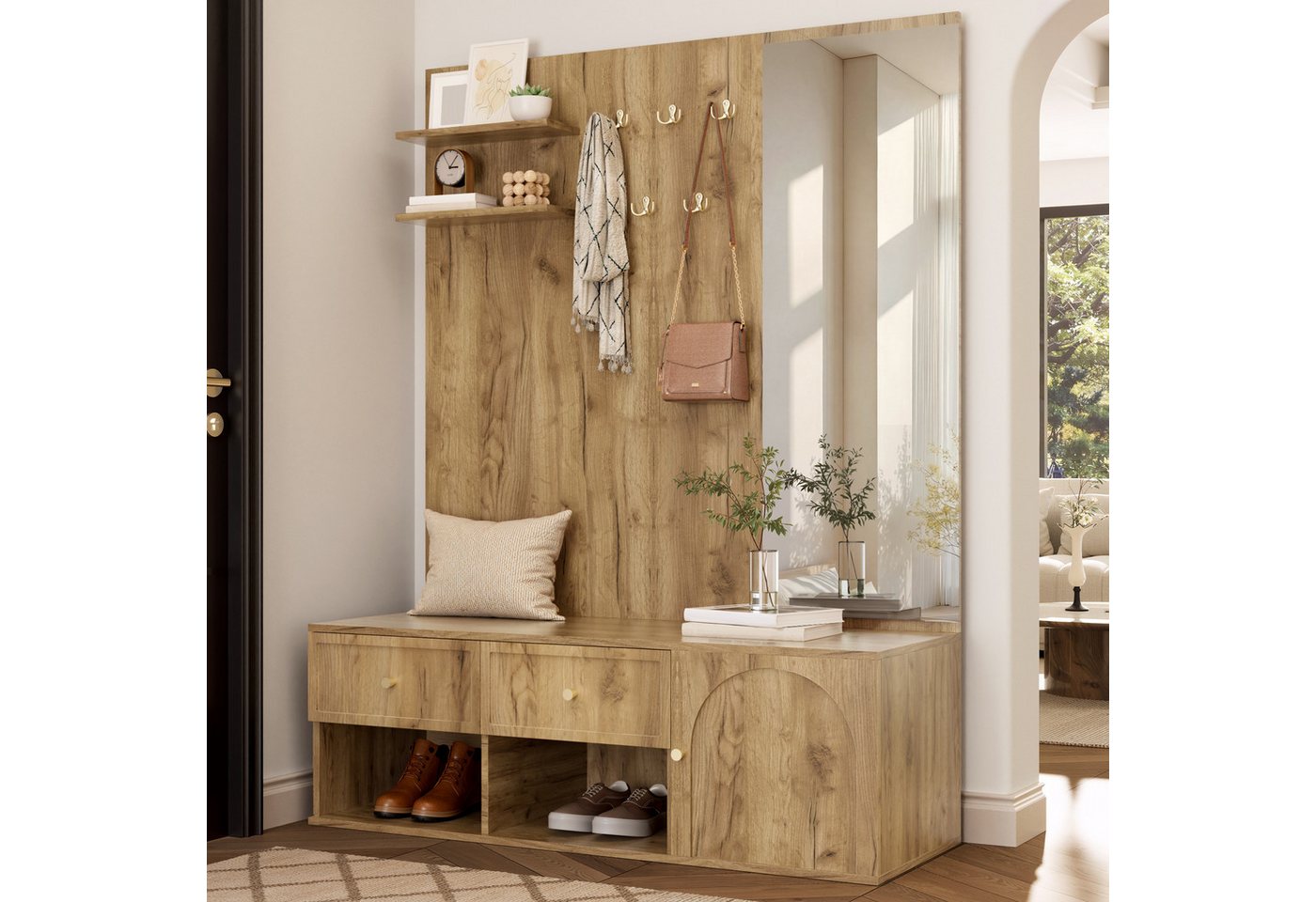 i@home Wandgarderobe Garderobenset für den Flur, Wandgarderobe mit Schublade, inklusive Spiegel und Schuhbank, Holzoptik, 120 × 35 × 159 cm Bild 4
