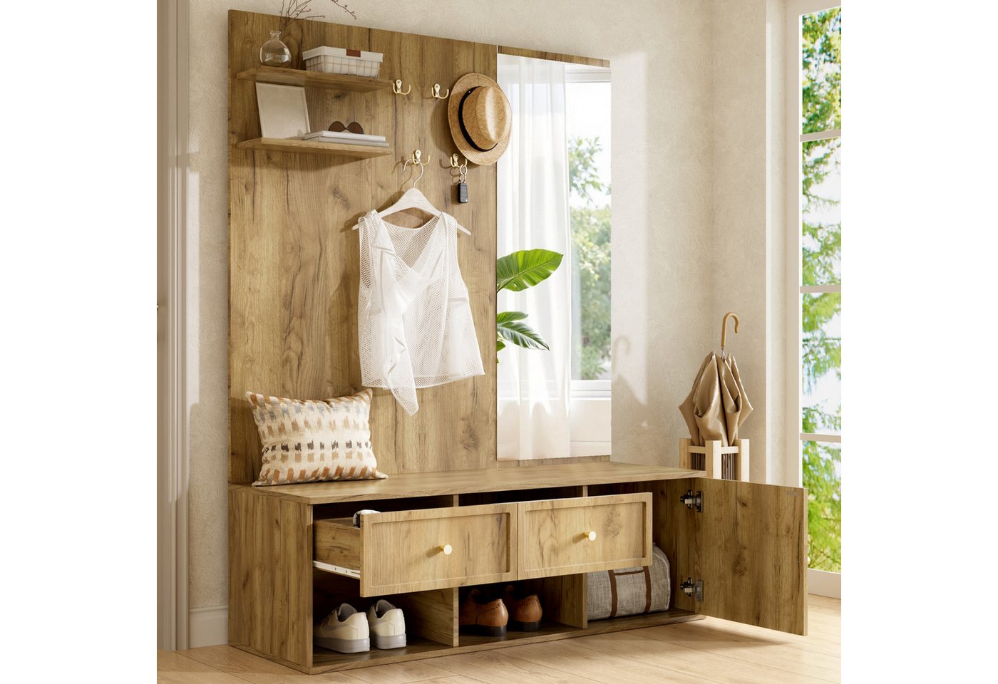 i@home Wandgarderobe Garderobenset für den Flur, Wandgarderobe mit Schublade, inklusive Spiegel und Schuhbank, Holzoptik, 120 × 35 × 159 cm Bild 5