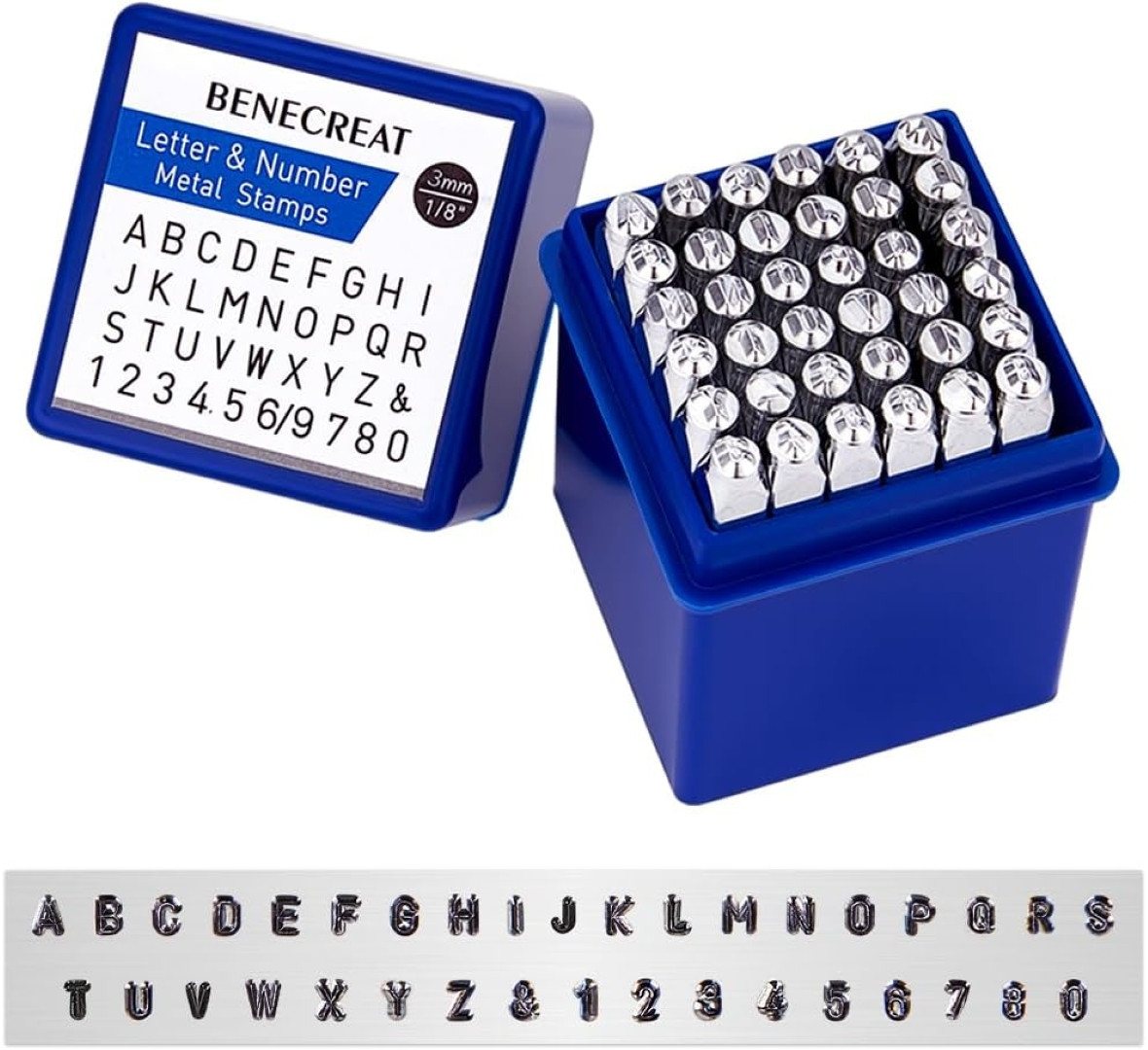 Benecreat Stempel 36-teiliges Metallstempel-Set Alphabet Zahlen 3 mm Metall Leder Holz, 36-teiliges Metallstempel-Set mit 3 mm Abdruckhöhe und Box Bild 3