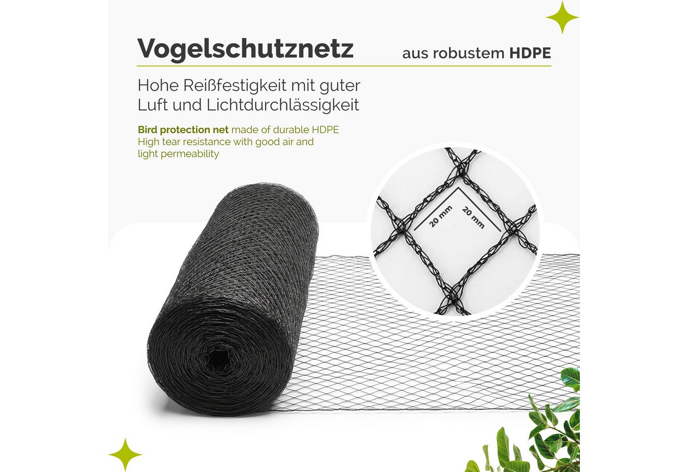 Garronda Schutznetz Vogelschutz HDPE 20 × 20 mm UV-beständig gegen Katzen GD-0194, BxL: 2x3 m, (1-St), UV-beständig, schützt Obst und Gemüse vor Vögeln und Katzen Bild 4