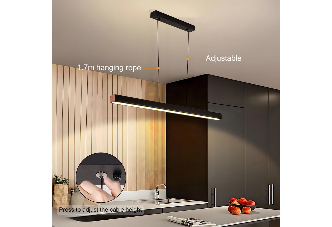 POPOLIC LED Pendelleuchte Esstisch 115cm, Dimmbare Moderne LED Pendelleuchten Mit Fernbedienung, 3000K/4500K/6000K 3 Farben, Lichter 10% -100% Helligkeit Einstellbar, Höhenverstellbar, Für Büro Esszimmer