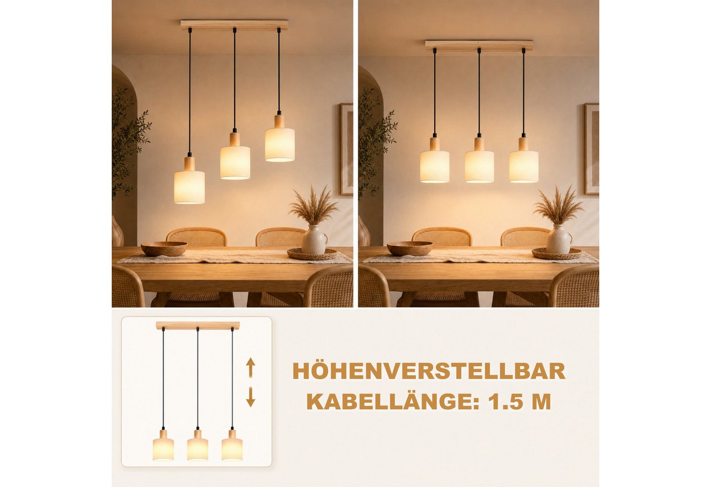 Nettlife Pendelleuchte 1/3/4flammig E14 Holz Stoff Schirm Weiß rustikale Deckenlampe, ohne Leuchtmittel, Küche Wohnzimmer Restaurant Schlafzimmer Flur