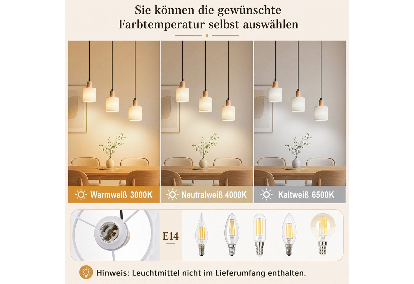 Nettlife Pendelleuchte 1/3/4flammig E14 Holz Stoff Schirm Weiß rustikale Deckenlampe, ohne Leuchtmittel, Küche Wohnzimmer Restaurant Schlafzimmer Flur Bild 2