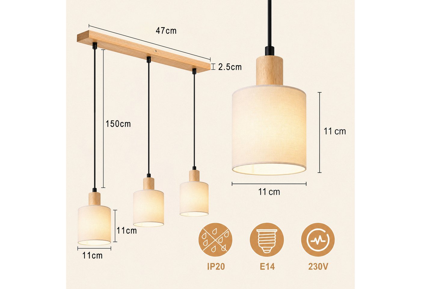 Nettlife Pendelleuchte 1/3/4flammig E14 Holz Stoff Schirm Weiß rustikale Deckenlampe, ohne Leuchtmittel, Küche Wohnzimmer Restaurant Schlafzimmer Flur Bild 3