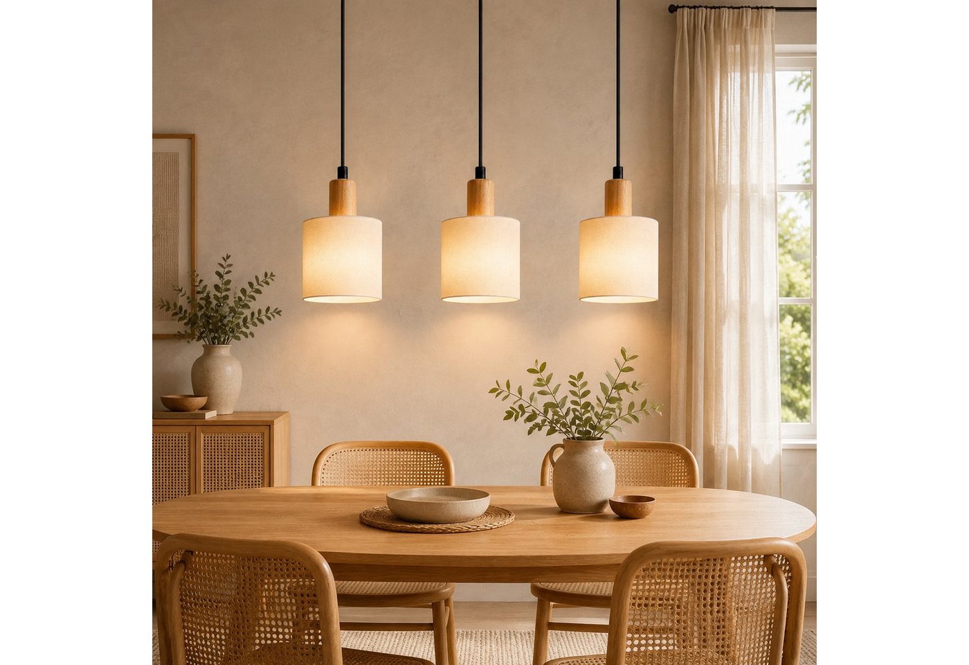 Nettlife Pendelleuchte 1/3/4flammig E14 Holz Stoff Schirm Weiß rustikale Deckenlampe, ohne Leuchtmittel, Küche Wohnzimmer Restaurant Schlafzimmer Flur Bild 4
