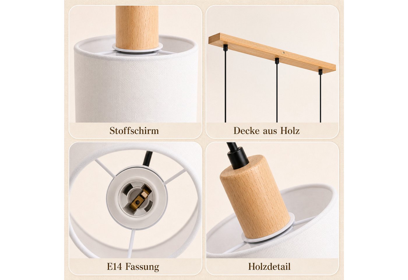 Nettlife Pendelleuchte 1/3/4flammig E14 Holz Stoff Schirm Weiß rustikale Deckenlampe, ohne Leuchtmittel, Küche Wohnzimmer Restaurant Schlafzimmer Flur Bild 5