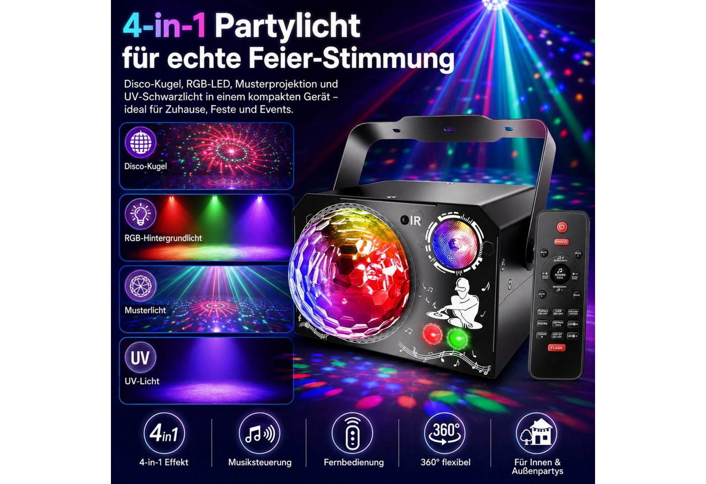 Blossom Discolicht 4 Multi-Effect-Light mit 65 Lichteffekten, RGB, UV, Stroboskop, LED Discolicht Musiksteuerung, Fernbedienung, USB-Kabel Bild 2