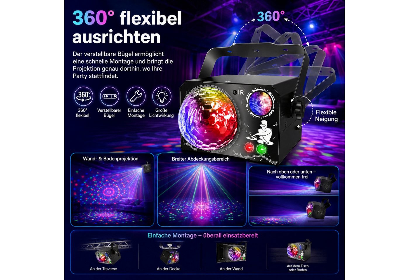 Blossom Discolicht 4 Multi-Effect-Light mit 65 Lichteffekten, RGB, UV, Stroboskop, LED Discolicht Musiksteuerung, Fernbedienung, USB-Kabel Bild 5