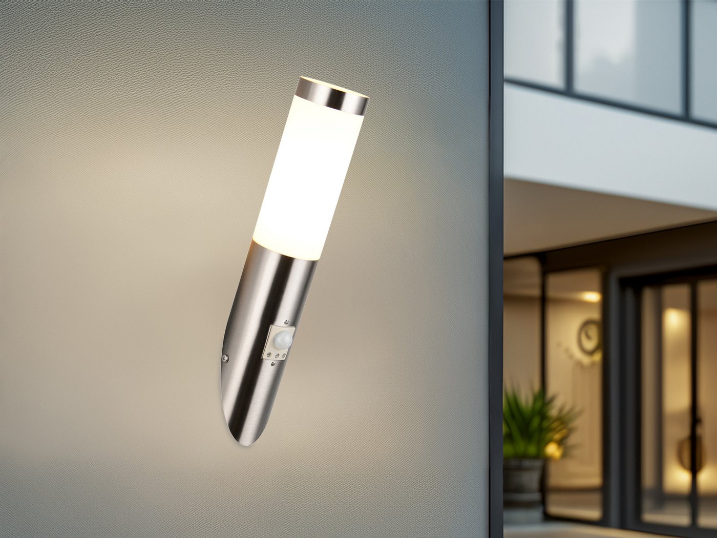 TRIO Leuchten LED Außen-Wandleuchte aus Edelstahl Silber, Höhe 39cm, mit Bewegungsmelder, LED wechselbar, warmweiß, Haus-beleuchtung Carport Haus-wand Außen-leuchte mit Bewegungssensor