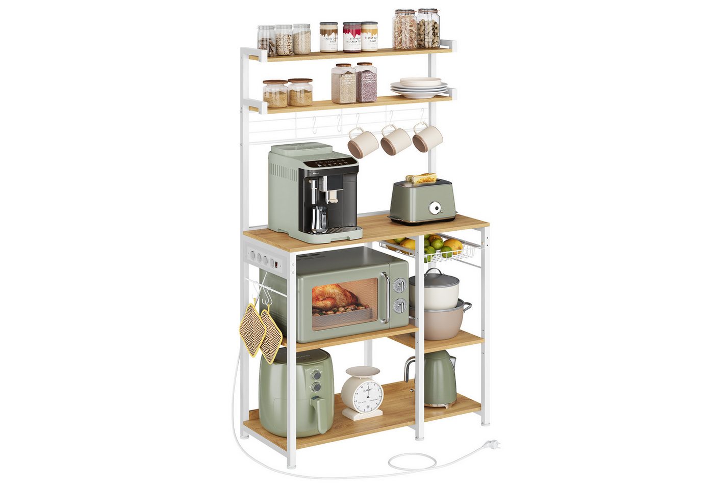 VASAGLE Küchenregal Standregal mit Steckdosen, 8 S-Haken, 40 x 90 x 165,5 cm, Kaffeebar, mit Korb, Bäckerregal, Gewürzregal Bild 3