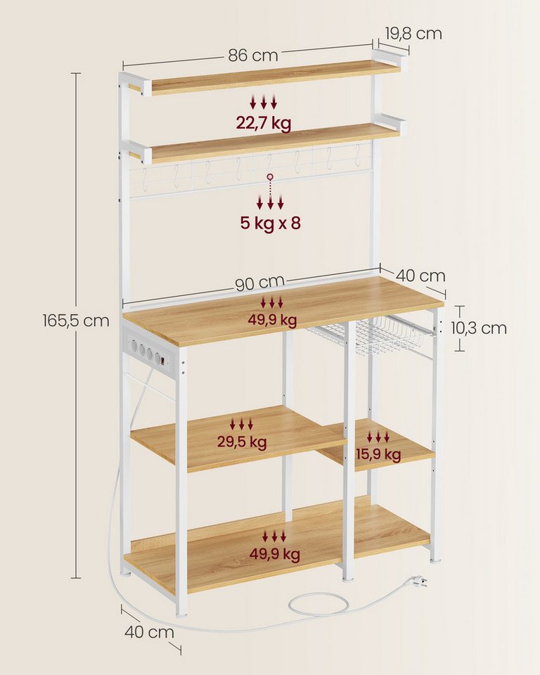 VASAGLE Küchenregal Standregal mit Steckdosen, 8 S-Haken, 40 x 90 x 165,5 cm, Kaffeebar, mit Korb, Bäckerregal, Gewürzregal Bild 4