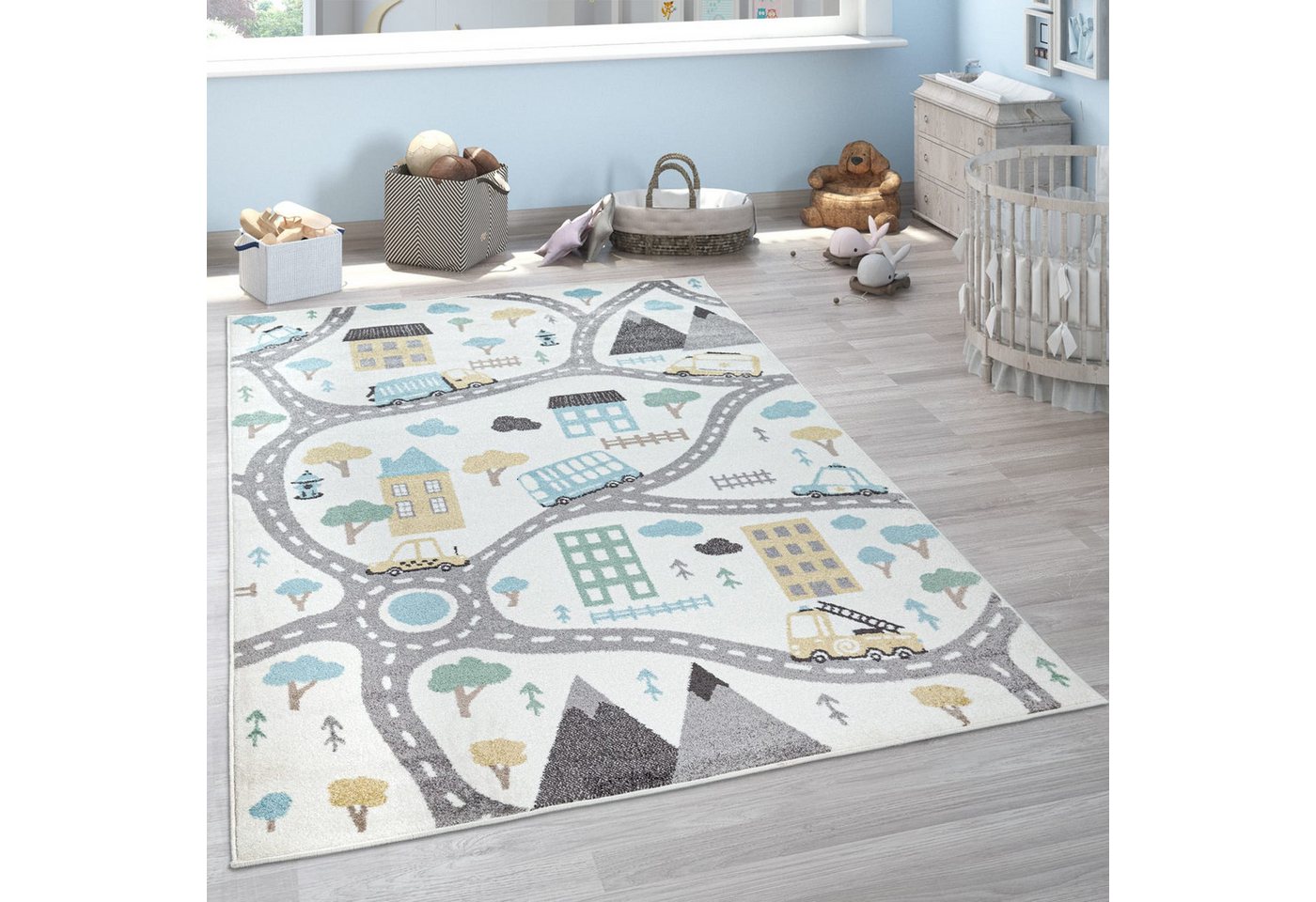 KADIMA DESIGN Kinderteppich Roadmap Kinderzimmer schmutzabweisend Teppich Kinder, Läufer, Höhe: 13 mm, Florhöhe: 9 mm, 100% Polypropylen, Rechteckig, 80x150cm, Creme Bild 4