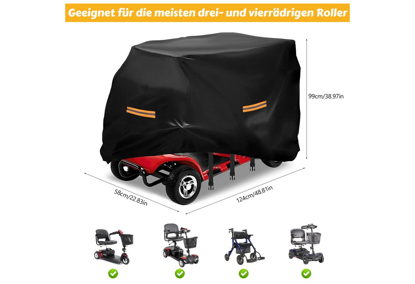 BlingBin Faltgarage Elektromobil Abdeckhaube Wasserdicht, Abdeckung für Mobilitätsroller (1er Set, 1-St., Abmessungen: 124 × 58 × 99 cm), Outdoor-Regenschutz mit Gummiband für Behinderten-Roller, Schwarz Bild 2