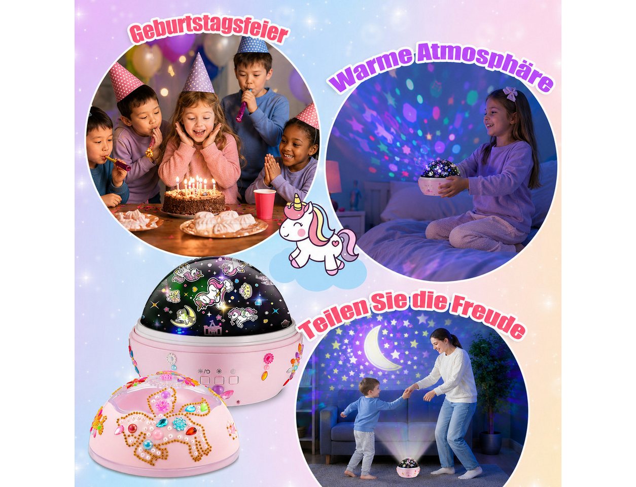 Wootoy LED Nachtlicht Einhorn Nachtlicht Projektor 360° drehbar Sternenprojektor Lampe, in Warmgelb Blau Rot und Grün, LED fest integriert, Farbwechsler, 360° rotierende Projektion 5 Lichtmodi 4 LED-Farben Bild 2