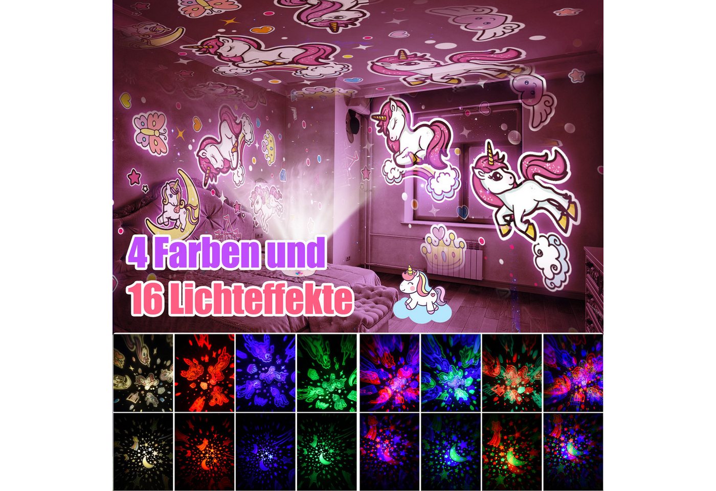 Wootoy LED Nachtlicht Einhorn Nachtlicht Projektor 360° drehbar Sternenprojektor Lampe, in Warmgelb Blau Rot und Grün, LED fest integriert, Farbwechsler, 360° rotierende Projektion 5 Lichtmodi 4 LED-Farben Bild 5