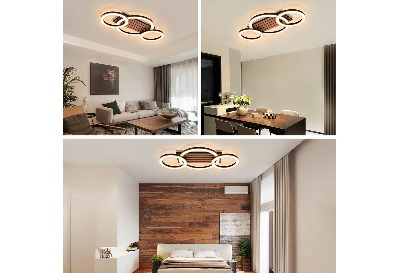 ZMH LED Deckenleuchte 3-Ringe 58 cm Schwarz Holzoptik 21W Warmweiß, LED fest integriert, warmweiß, 3-Ringe-Design, Holzoptik, warmweißes Licht