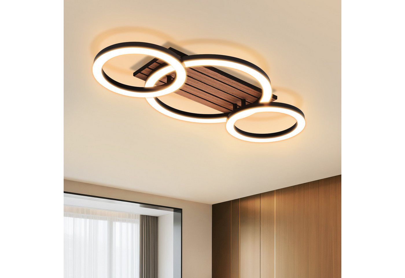 ZMH LED Deckenleuchte 3-Ringe 58 cm Schwarz Holzoptik 21W Warmweiß, LED fest integriert, warmweiß, 3-Ringe-Design, Holzoptik, warmweißes Licht Bild 2