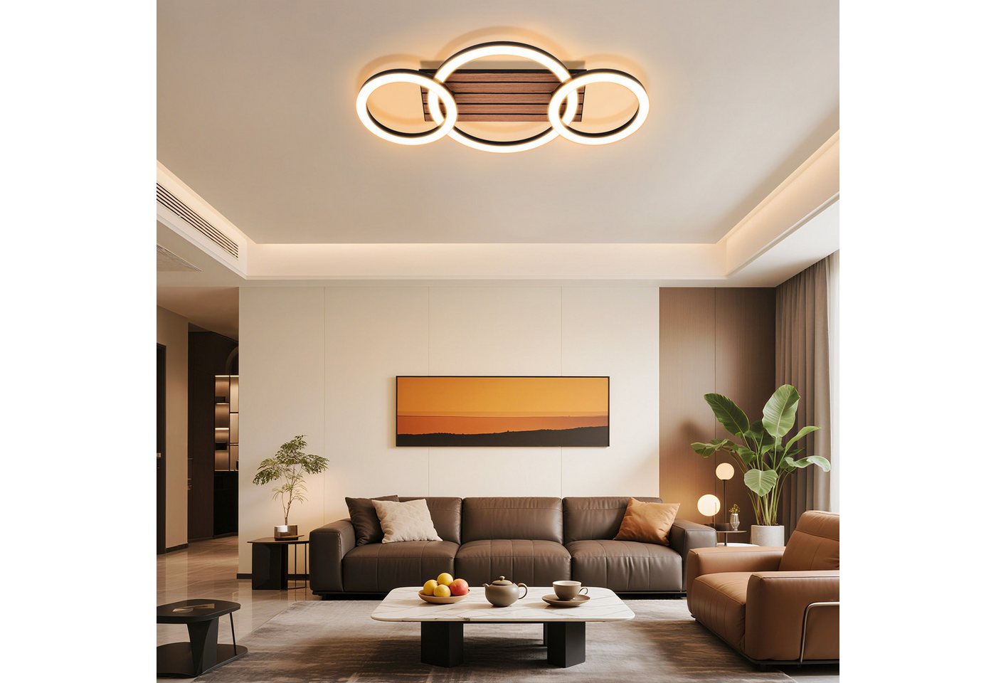 ZMH LED Deckenleuchte 3-Ringe 58 cm Schwarz Holzoptik 21W Warmweiß, LED fest integriert, warmweiß, 3-Ringe-Design, Holzoptik, warmweißes Licht Bild 3