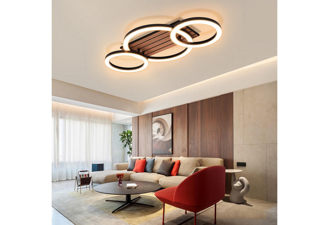 ZMH LED Deckenleuchte 3-Ringe 58 cm Schwarz Holzoptik 21W Warmweiß, LED fest integriert, warmweiß, 3-Ringe-Design, Holzoptik, warmweißes Licht Bild 4