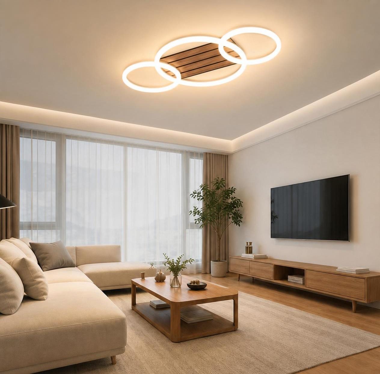 ZMH LED Deckenleuchte 3-Ringe 58 cm Schwarz Holzoptik 21W Warmweiß, LED fest integriert, warmweiß, 3-Ringe-Design, Holzoptik, warmweißes Licht Bild 5