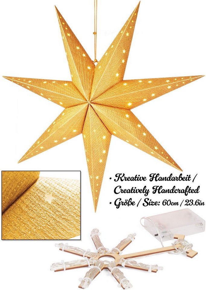 BRUBAKER LED Stern Weihnachtsstern zum Aufhängen - 60 cm Papierstern mit 7 Spitzen, Batteriebetrieben, Hängend und Beleuchtet, LED fest integriert, Warmweiß, 3D Adventsstern - Fenster Deko Leuchtstern