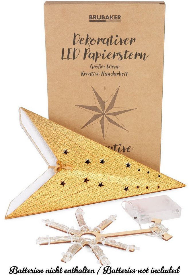 BRUBAKER LED Stern Weihnachtsstern zum Aufhängen - 60 cm Papierstern mit 7 Spitzen, Batteriebetrieben, Hängend und Beleuchtet, LED fest integriert, Warmweiß, 3D Adventsstern - Fenster Deko Leuchtstern Bild 2