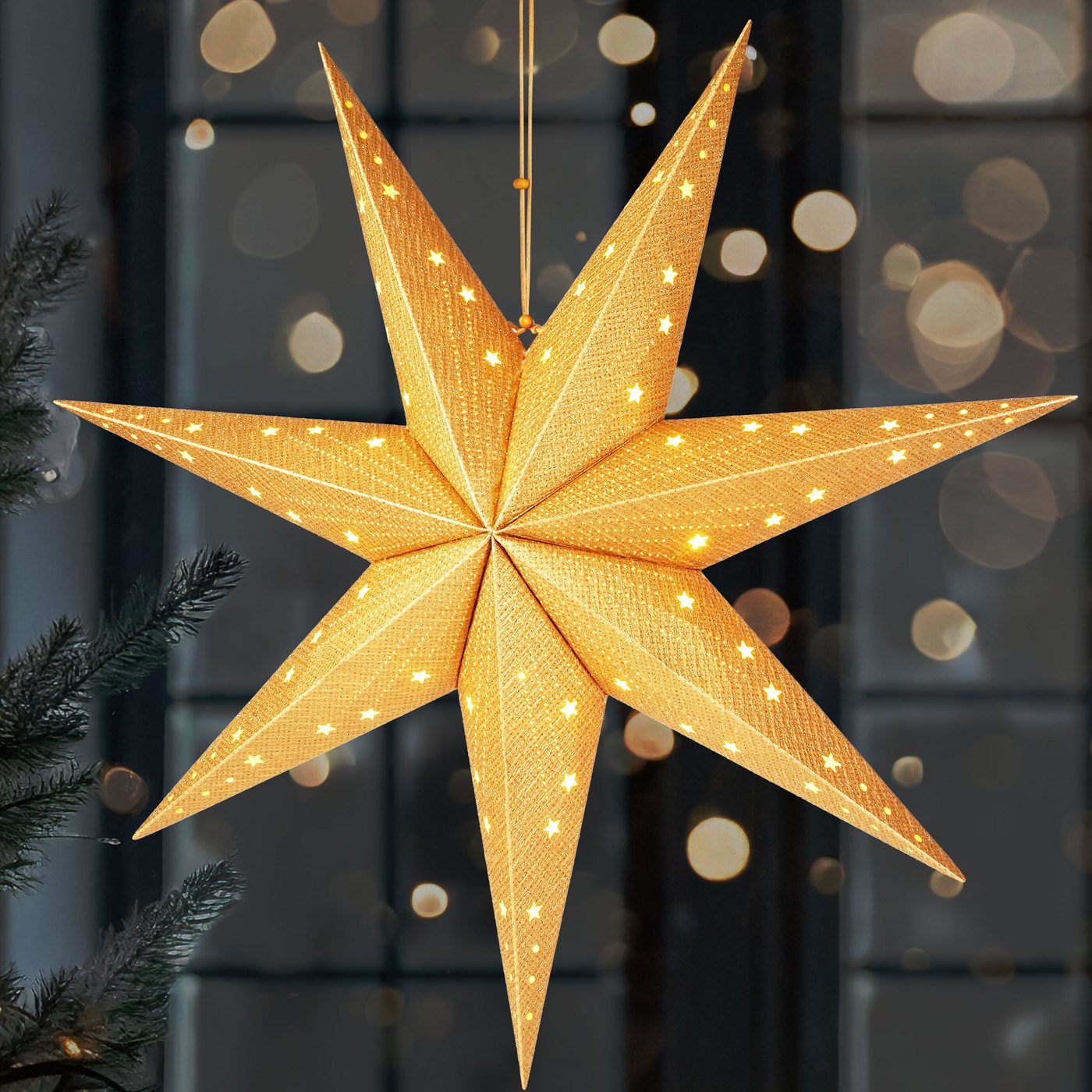 BRUBAKER LED Stern Weihnachtsstern zum Aufhängen - 60 cm Papierstern mit 7 Spitzen, Batteriebetrieben, Hängend und Beleuchtet, LED fest integriert, Warmweiß, 3D Adventsstern - Fenster Deko Leuchtstern Bild 4