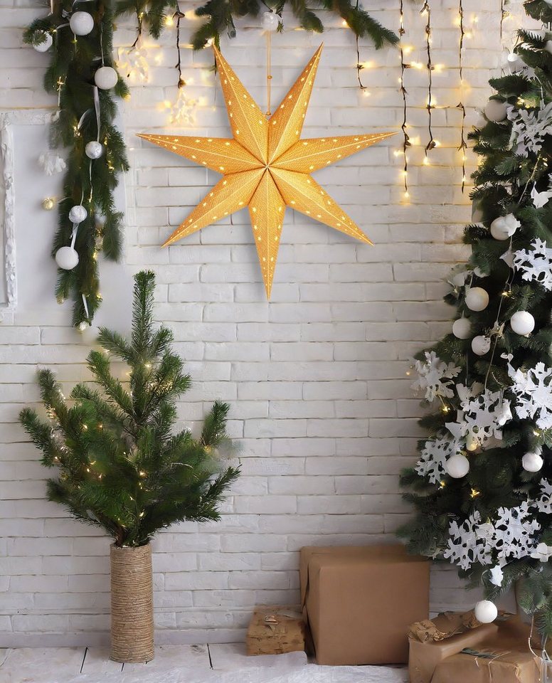 BRUBAKER LED Stern Weihnachtsstern zum Aufhängen - 60 cm Papierstern mit 7 Spitzen, Batteriebetrieben, Hängend und Beleuchtet, LED fest integriert, Warmweiß, 3D Adventsstern - Fenster Deko Leuchtstern Bild 5