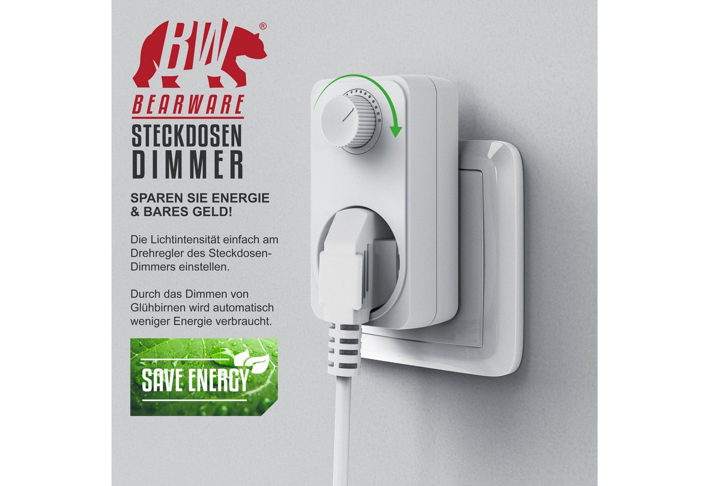 BEARWARE Drehdimmer Steckdosendimmer mit Drehregler für Glühlampen, 20 - 400 W (1-St), Universal Dimmer / Helligkeitsregler für Tischlampen und Stehlampen